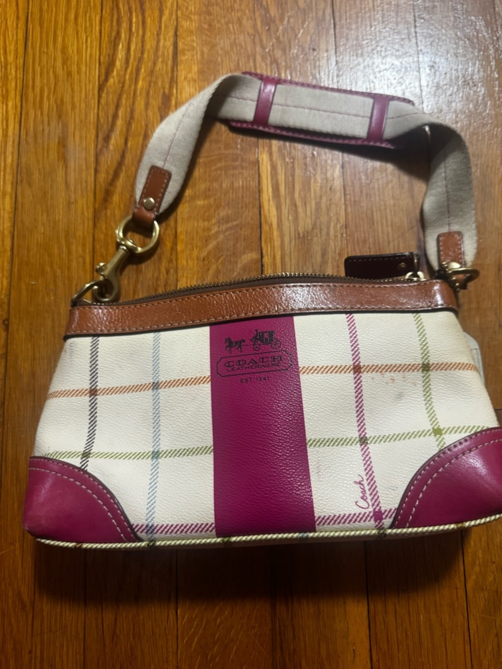 Vintage y2k Coach Cream Plaid Shoulder Bag with Pink Leather Trim - Picture 3 of 4